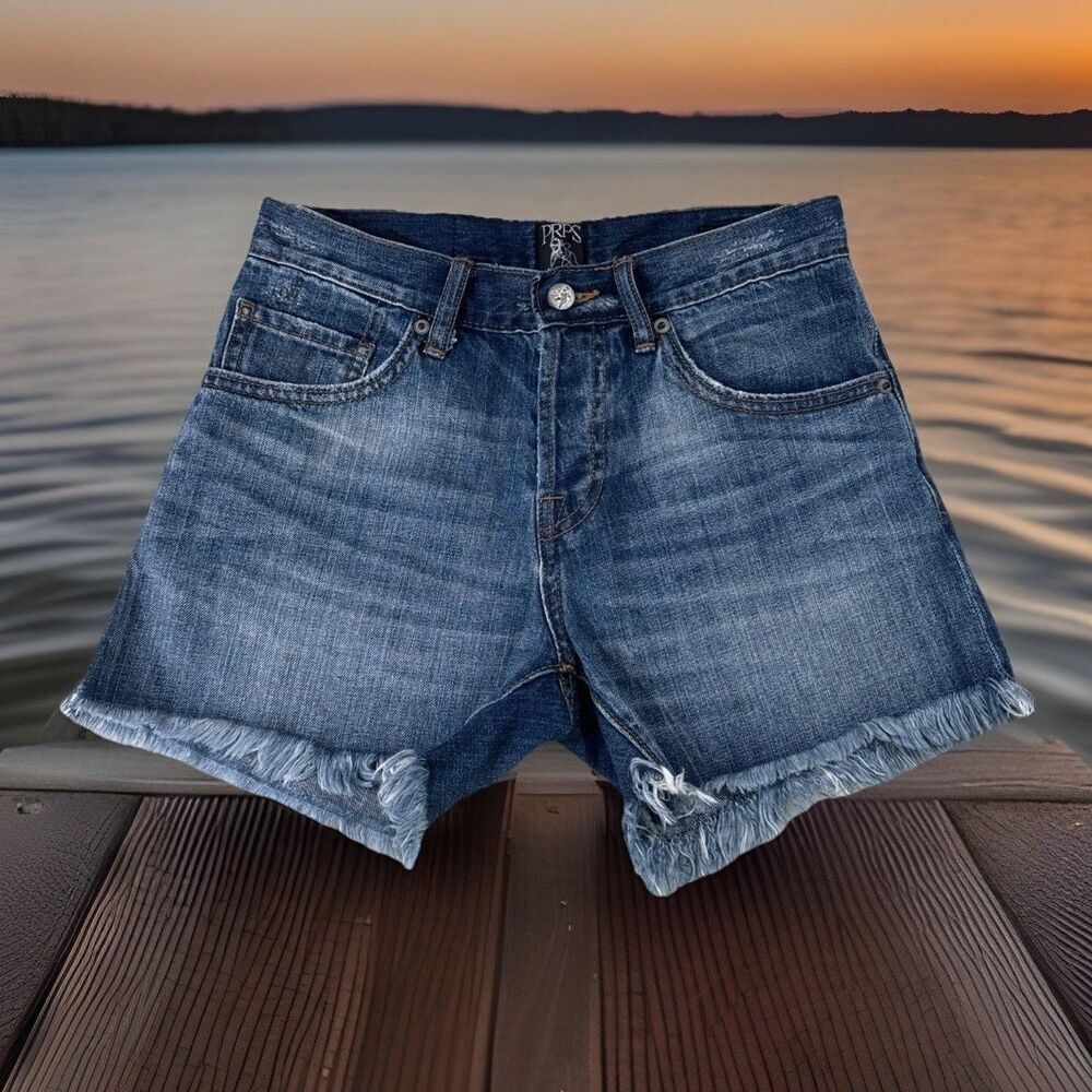 PRPS Galaxy True Boyfriend Shorts 24 (W27 Inseam 3.5) Blue Distressed Fray Women